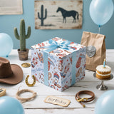 Cowboy Birthday Wrapping Paper Roll For Boys Kids Teens, Western Boots Hats Lasso Blue Design With Happy Birthday Text Gift Wrap, Mini Roll 17 In X 16.4 Feet