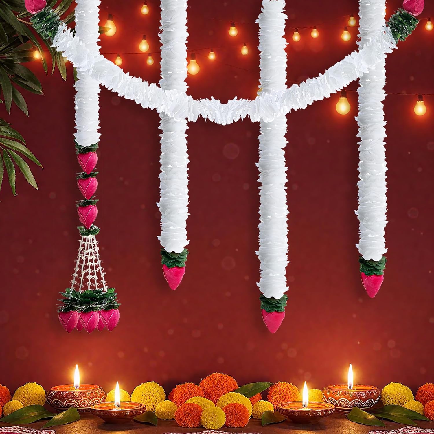 5 Pc 184 Inch Total Diwali Decorations Artificial Jasmine Garlands Toran With Lotus Buds Traditional Indian Hanging Decoration For Pooja Diwali Wedding Housewarming(Fresh)