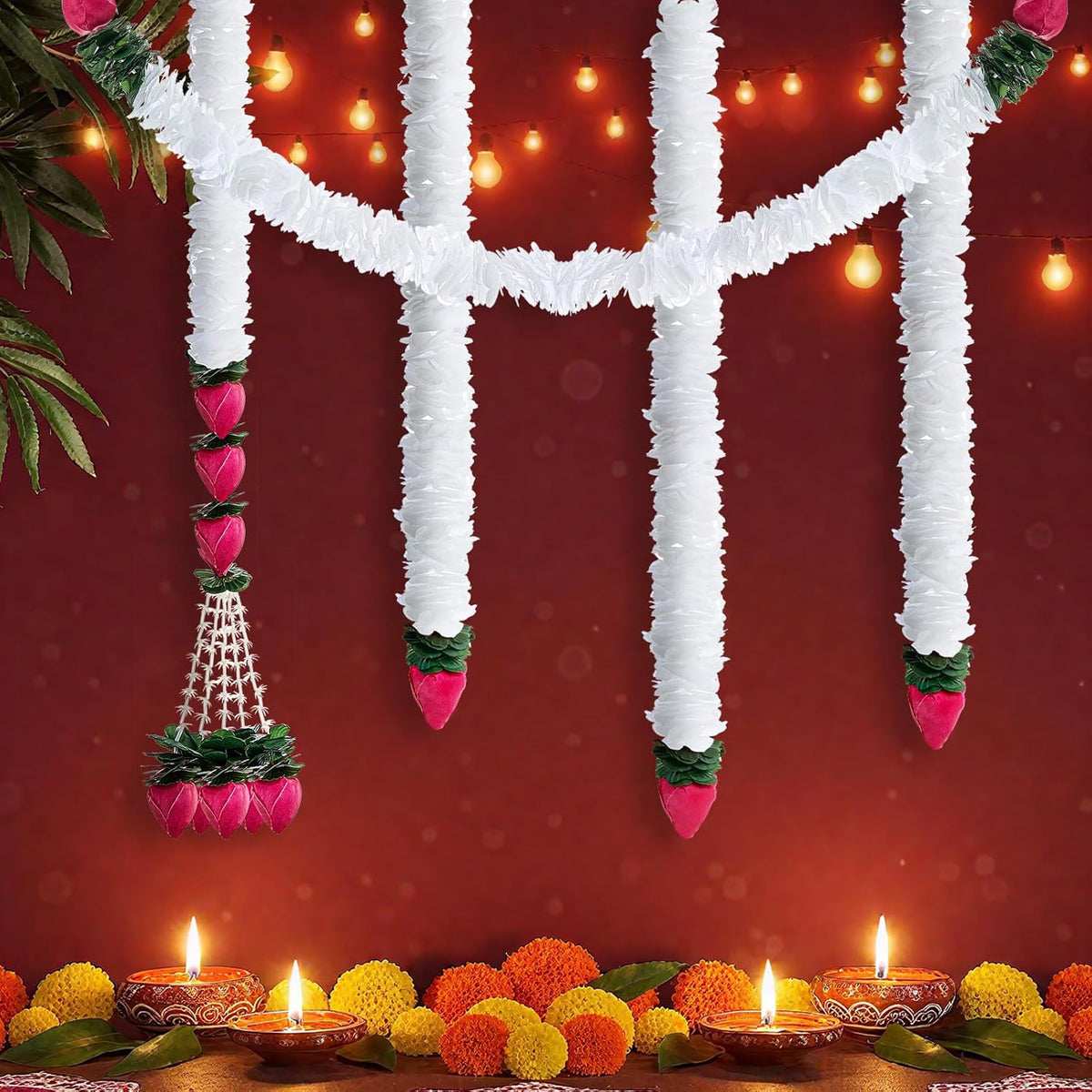 5 Pc 184 Inch Total Diwali Decorations Artificial Jasmine Garlands Toran With Lotus Buds Traditional Indian Hanging Decoration For Pooja Diwali Wedding Housewarming(Fresh)