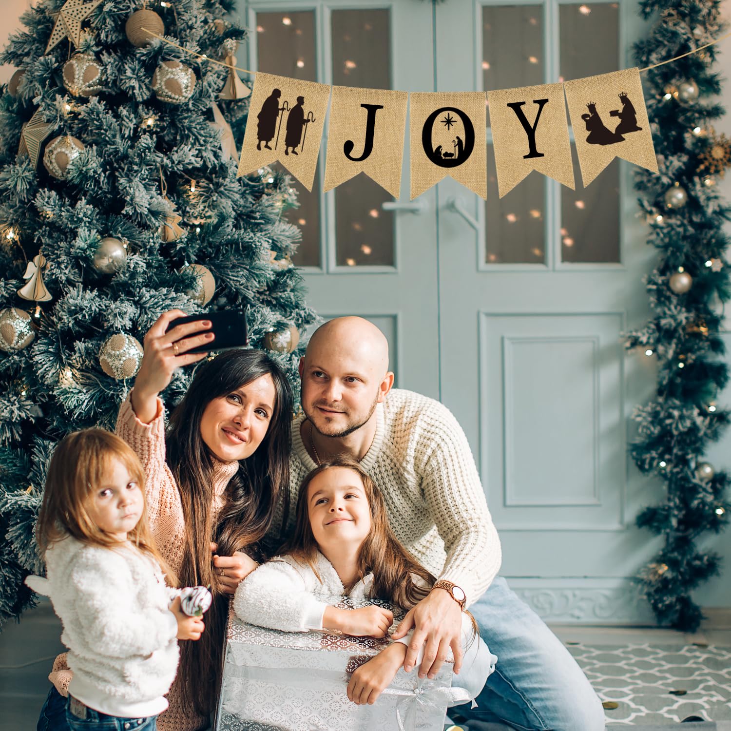 Christmas Burlap Banner Nativity Joy Burlap Banner Nativity Scenes Bunting Banner Xmas Holiday Banner Garland Rustic Merry Christmas Hanging Banner For New Year Party Home Mantel Fireplace