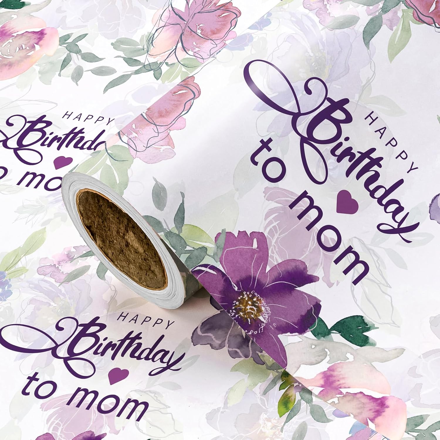 Birthday Wrapping Paper Roll For Mom - Mini Roll - 17 Inch X 16.5 Feet - Happy Birthday To Mom Lettering With Purple Flower Design
