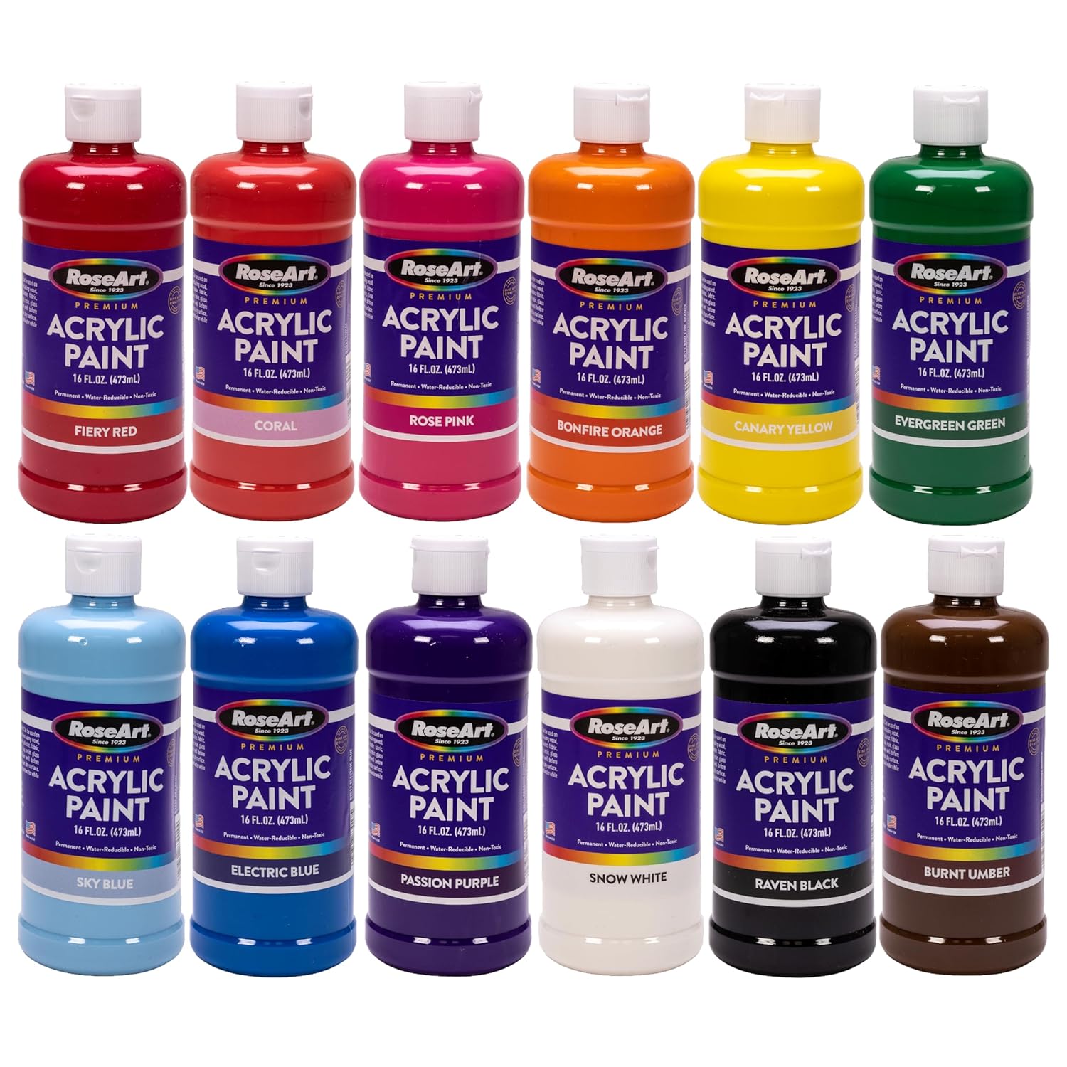 RoseArt acrylic Paint Set – Set of 12 Vibrant Colors in 16oz Bottles