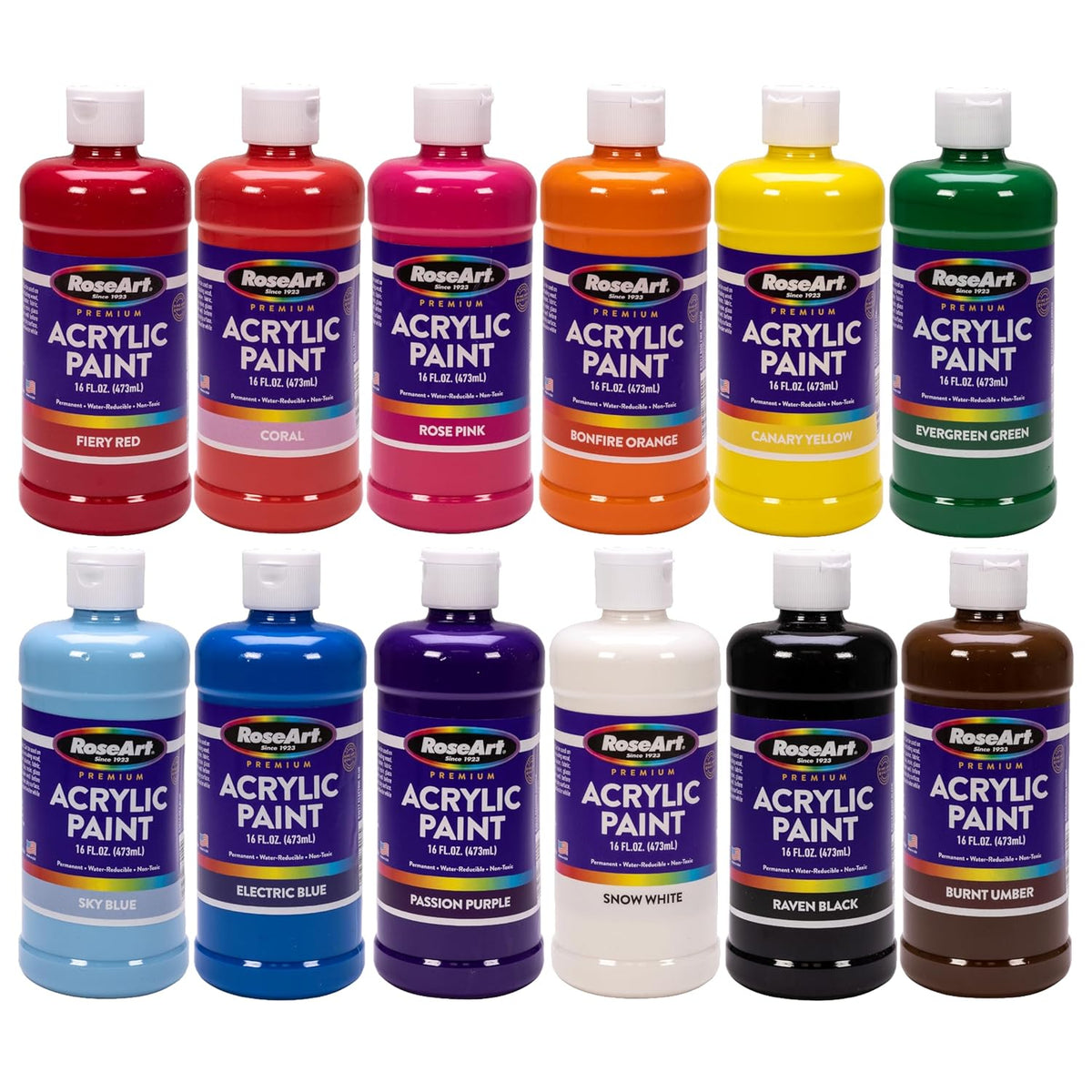RoseArt acrylic Paint Set – Set of 12 Vibrant Colors in 16oz Bottles