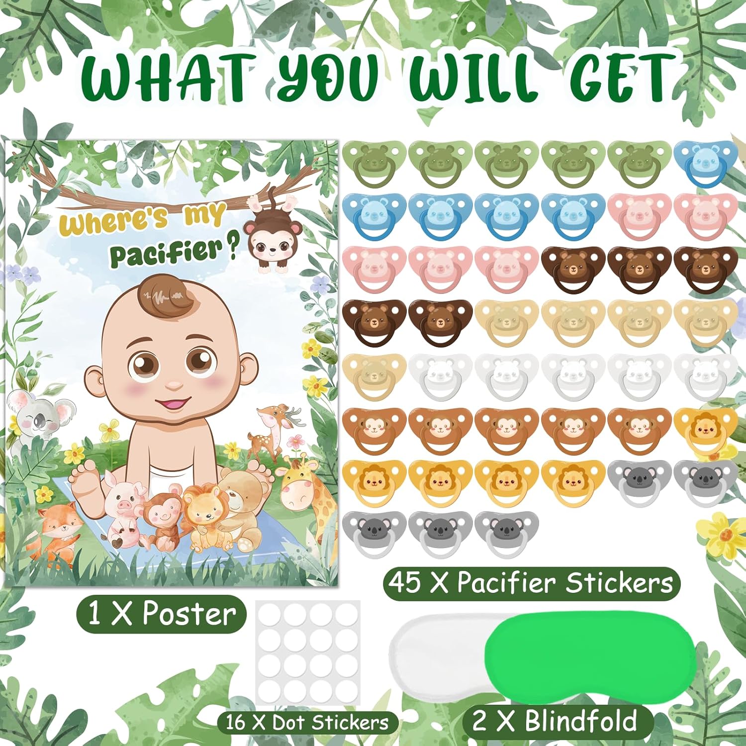 Pin The Pacifier On The Baby Game Safari Jungle Baby Shower Decorations With Large Poster Blindfold 45 Pacifier Stickers Sage Green Animals Games Forest Theme Birthday Party Decorations Supplies