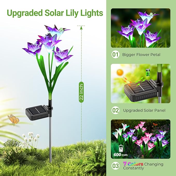 6 Pack Solar Lily Flower Lights Color Changing Waterproof Garden Yard Patio Decor