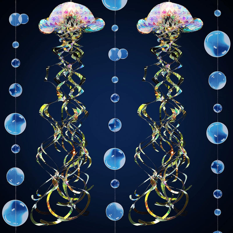 4 Pieces Glitter Iridescent Jellyfish Hanging For Under The Sea Party