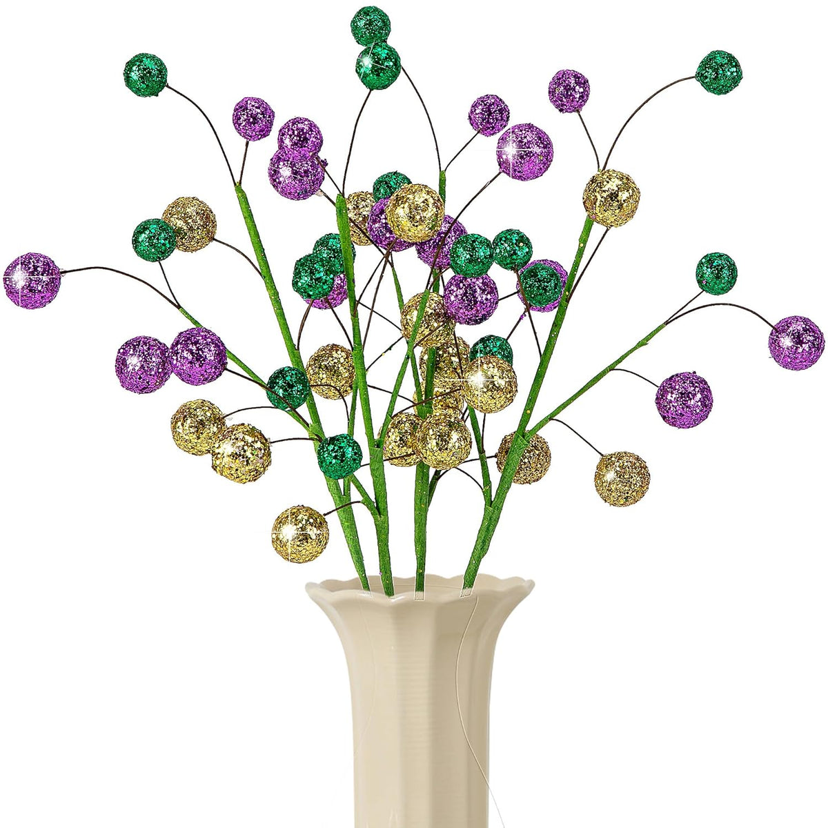 4 Pack 15" Large Mardi Gras Ball Centerpiece Stems, Mardi Gras Artificial Glitter Berry Stems Ornaments, Shiny Purple Gold Green Berry Branches Twigs Picks Sprays For Carnival Party Home Decor