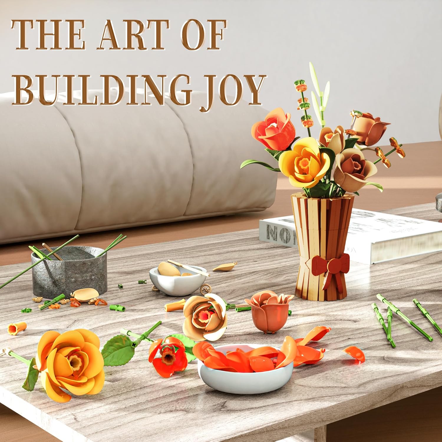 Flowers Set With Vase For Adults Compatible With Lego Flowers, Icon Roses Bouquet Botanical Collection Kits Artificial Flower Set, Valentines Day Gifts For Her Him Kids 14+, Home Office Decorations