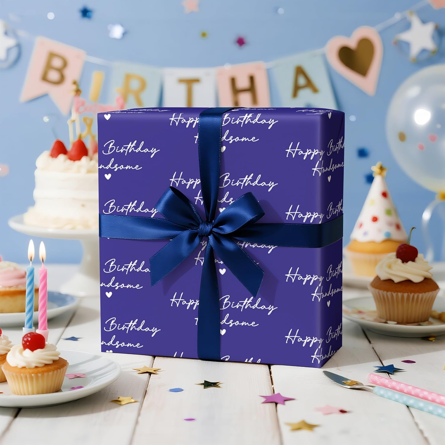 Happy Birthday Handsome Wrapping Paper Roll For Men, Navy Blue With White Script Text Hearts Birthday Gift Wrap For Him, Husband, Boyfriend, Dad, Father, Grandpa, Mini Roll 17 In X 16.4 Feet