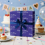 Happy Birthday Handsome Wrapping Paper Roll For Men, Navy Blue With White Script Text Hearts Birthday Gift Wrap For Him, Husband, Boyfriend, Dad, Father, Grandpa, Mini Roll 17 In X 16.4 Feet