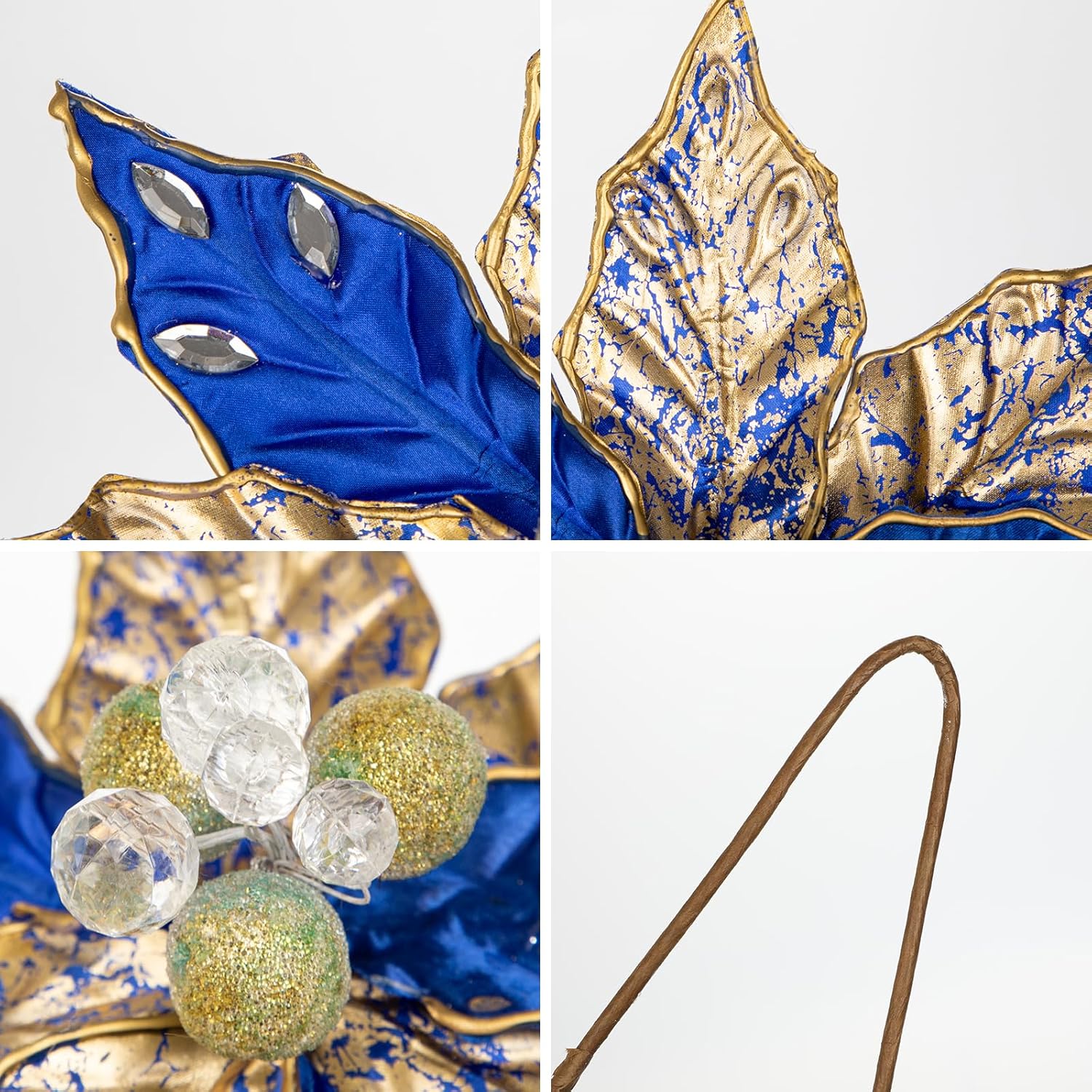 3Pcs Poinsettia Christmas Flowers Artificial 11" Large Blue And Gold Glitter Poinsettia Flowers Christmas Tree Ornaments Floral Picks For Tree Wreath Garland Vase Table Centerpiece Home Decor