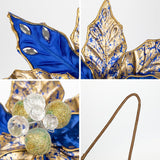 3Pcs Poinsettia Christmas Flowers Artificial 11" Large Blue And Gold Glitter Poinsettia Flowers Christmas Tree Ornaments Floral Picks For Tree Wreath Garland Vase Table Centerpiece Home Decor