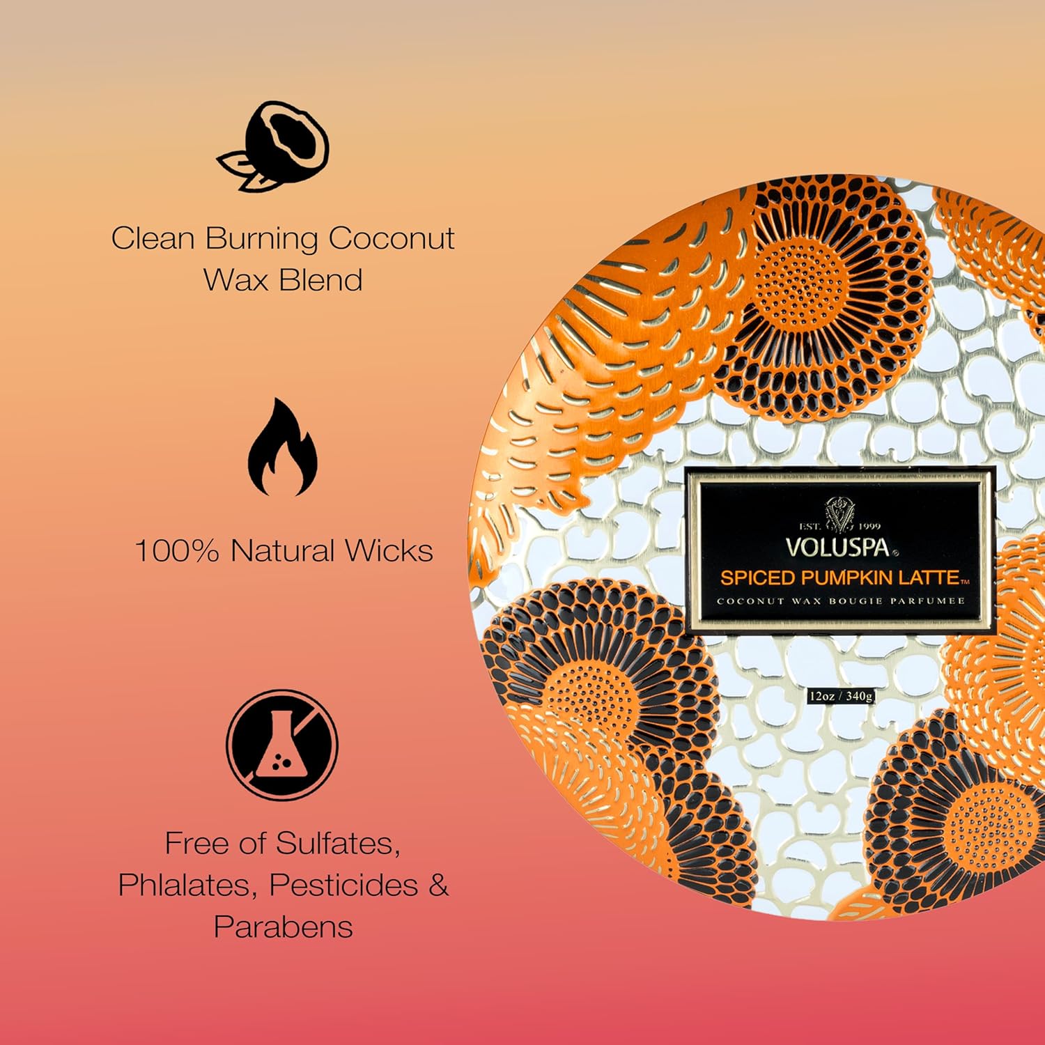 Voluspa Spiced Pumpkin Latte, 3 Wick Tin Candle, 12 Ounce, 40 Hour Burn Time, Coconut Wax for Clean Burning, Handcrafted in The USA