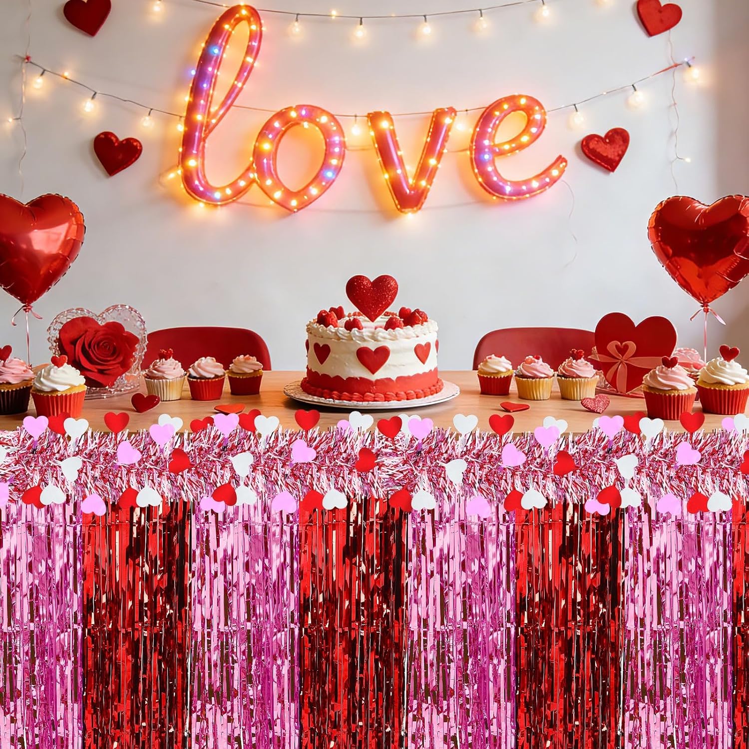 2-Pack Valentine’S Day Table Skirts, Red And Pink Metallic Fringe Party Table Decorations For Romantic Dinner, Anniversary, Or Galentine’S Party