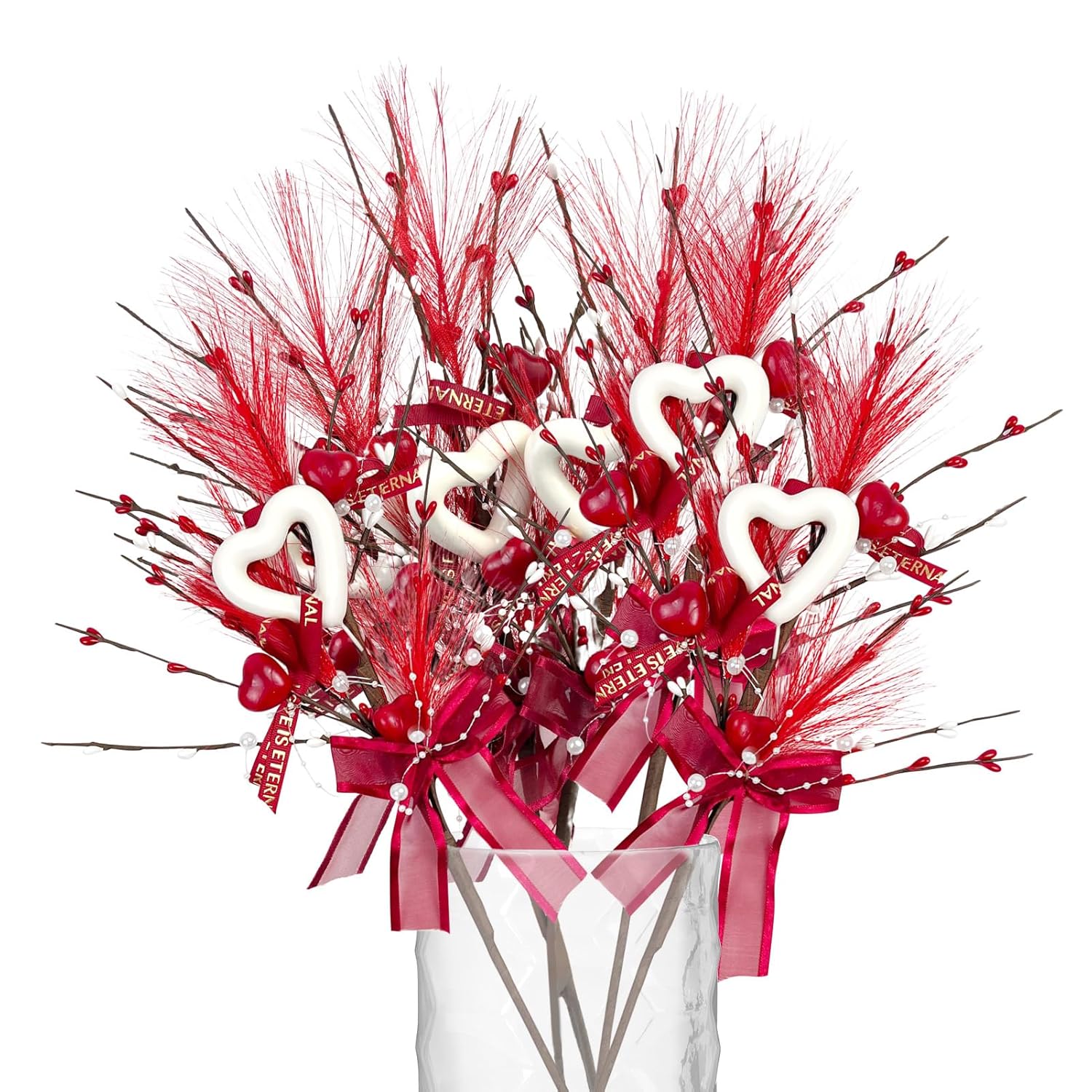 6 Pcs Valentine'S Day Heart Shaped Berry Feather Picks, 19.7 Inch Artificial Red White Heart Berry Flower Stems For Wedding Christmas Home Vase Decor