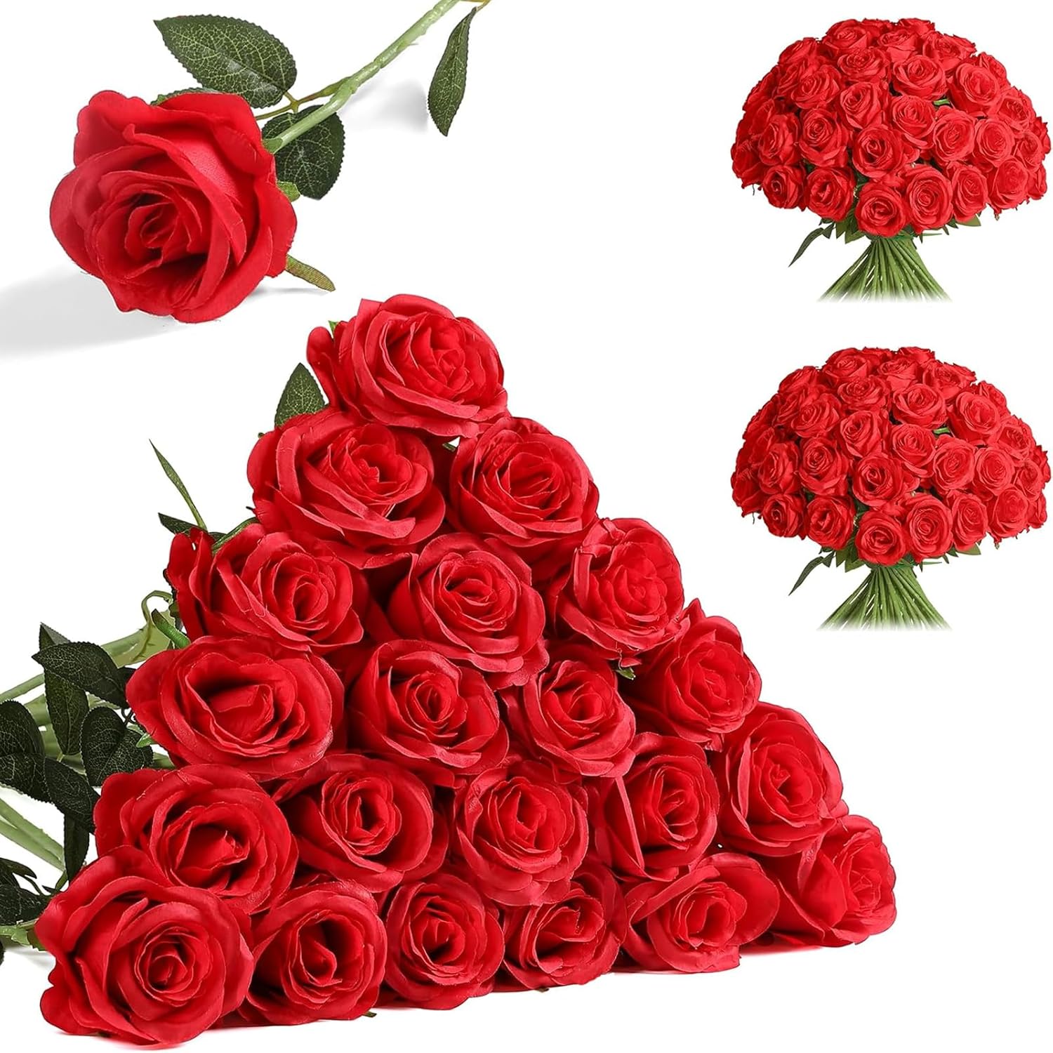 24Pcs Artificial Red Roses, Fake Silk Roses Flower With Long Stems, Realistic Flowers For Bridal Wedding Party Table Centerpiece Home Decor