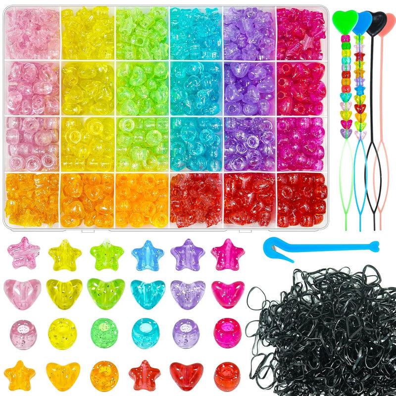 1680 Pcs Pony Beads Heart Star Hair Bead For Girl Braid, Acrylic Star Heart Gl