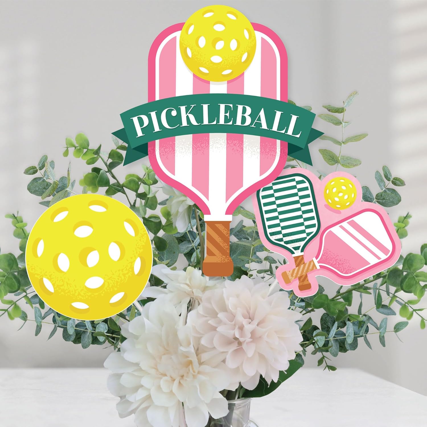 Big Dot of Happiness Pink Pickleball - Country Club Party Centerpiece Sticks - Table Toppers - Set of 15