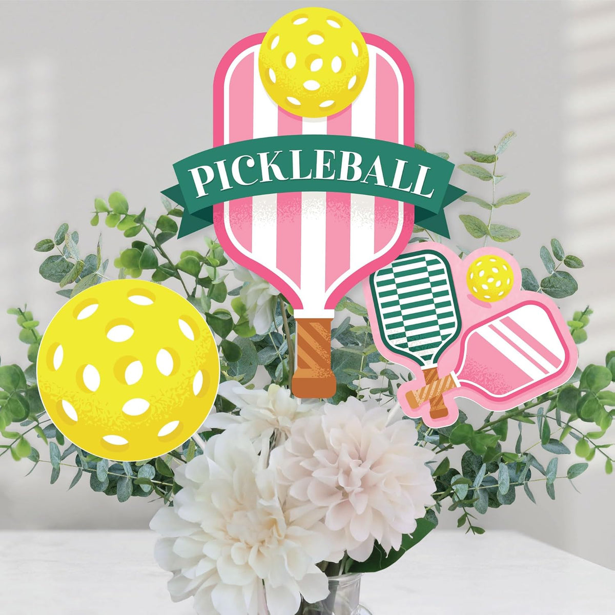 Big Dot of Happiness Pink Pickleball - Country Club Party Centerpiece Sticks - Table Toppers - Set of 15
