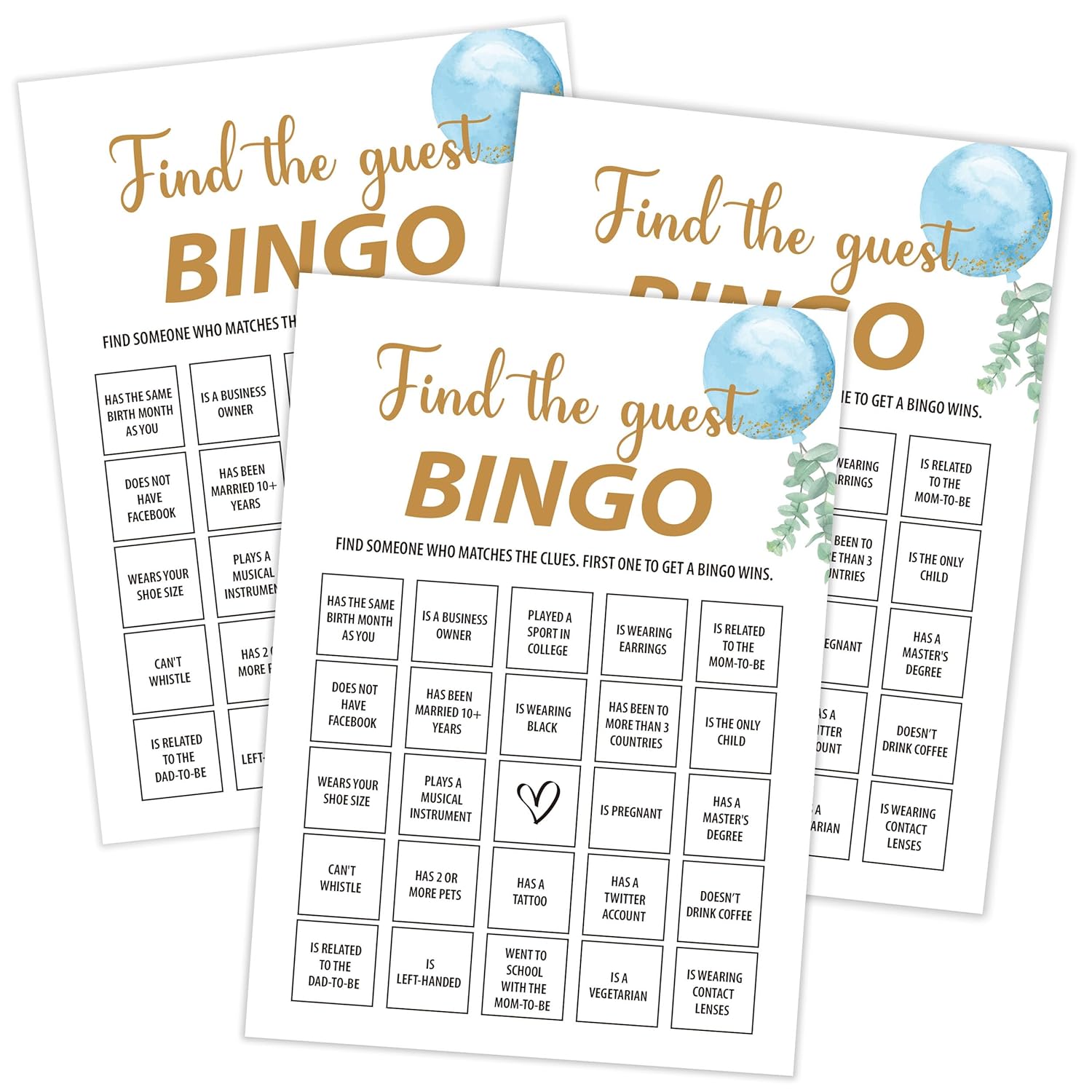 Blue Balloon Find The Guest Bingo Game, Pack Of 30 Cards, Baby Shower Game, Gender Neutral Boy Or Girl, Fun Activity - Gn39