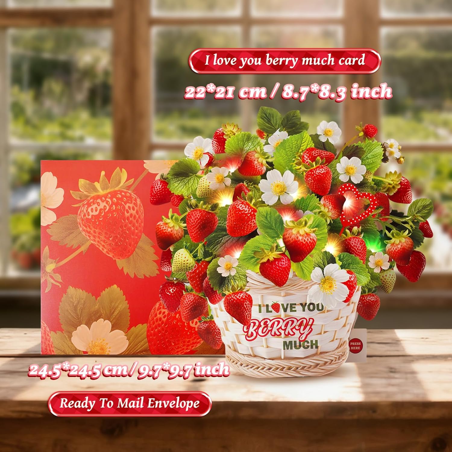 Valentines Day Card, Love You Berry Much Card With Music And Light, Strawberry Bouquet Card For Women Mom Wife