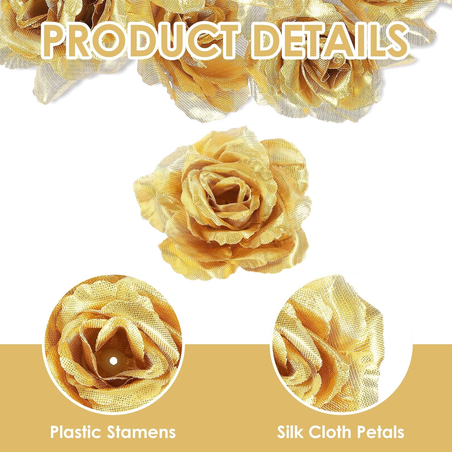 Gold Roses Artificial Flowers, 30 Pcs Fake Silk Gold Flowers Real Looking Faux Blossom Rose Flower Head For Wedding Bouquet Party Decor Diy Crafts Floral Arrangements
