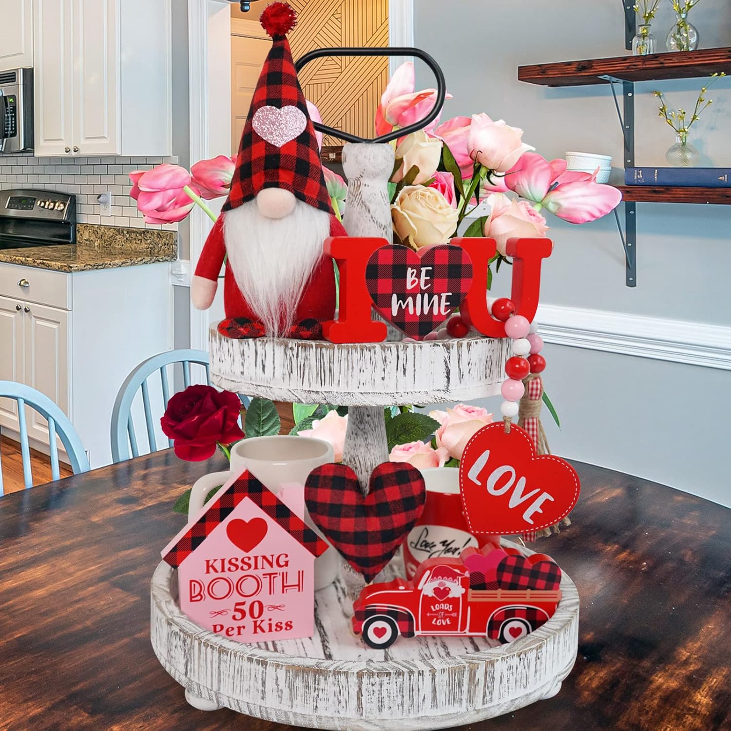 Valentines Day Decor, 6Pcs Valentines Gnome Tiered Tray Decoration Set, Buffalo Plaid Valentine Gnome Plush, 3 Valentine Wooden Signs, Valentine Bead Garland, Farmhouse Valentine Kitchech Decor