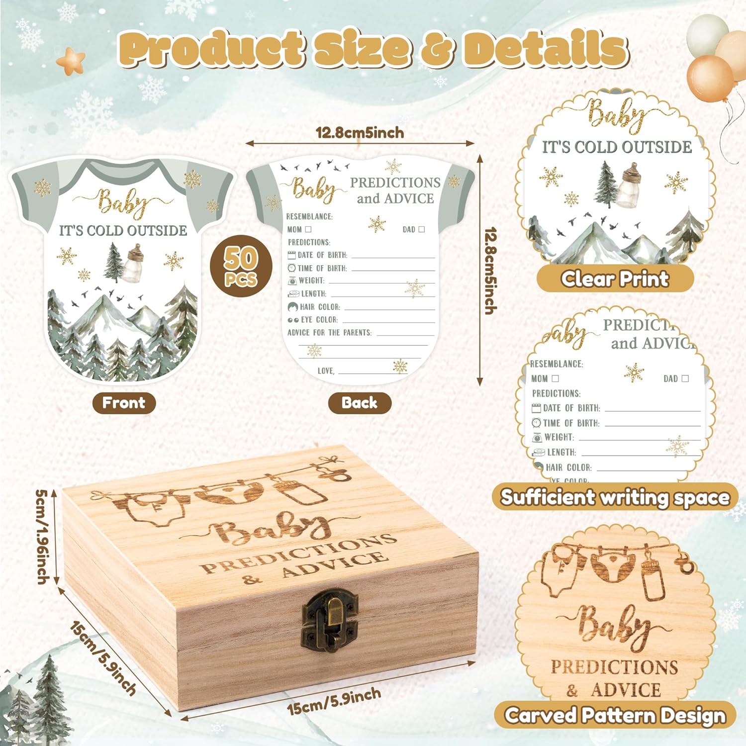 Winter Adventure Baby Shower Game - 50Pcs Baby It'S Cold Outside Winter Wonderland Snowflake Advice & Prediction Cards With Wooden Keepsake Box For Christmas Party Decor Supplies Gift
