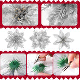 60 Pcs Christmas Flowers Glitter Poinsettia Flower, 3, 4, 6 Inch Artificial Flowers For Decoration With Clips For Christmas Tree Holiday Outdoor Seasonal Party Wedding Decoration(Silver)