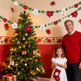 Christmas Poinsettia Garland With White Red Artificial Flowers,11.4Ft Velvet Artificial Poinsettia Garland,Christmas Decorations With Holly Leaves For Fireplace Door Wall Window Tree Yard.