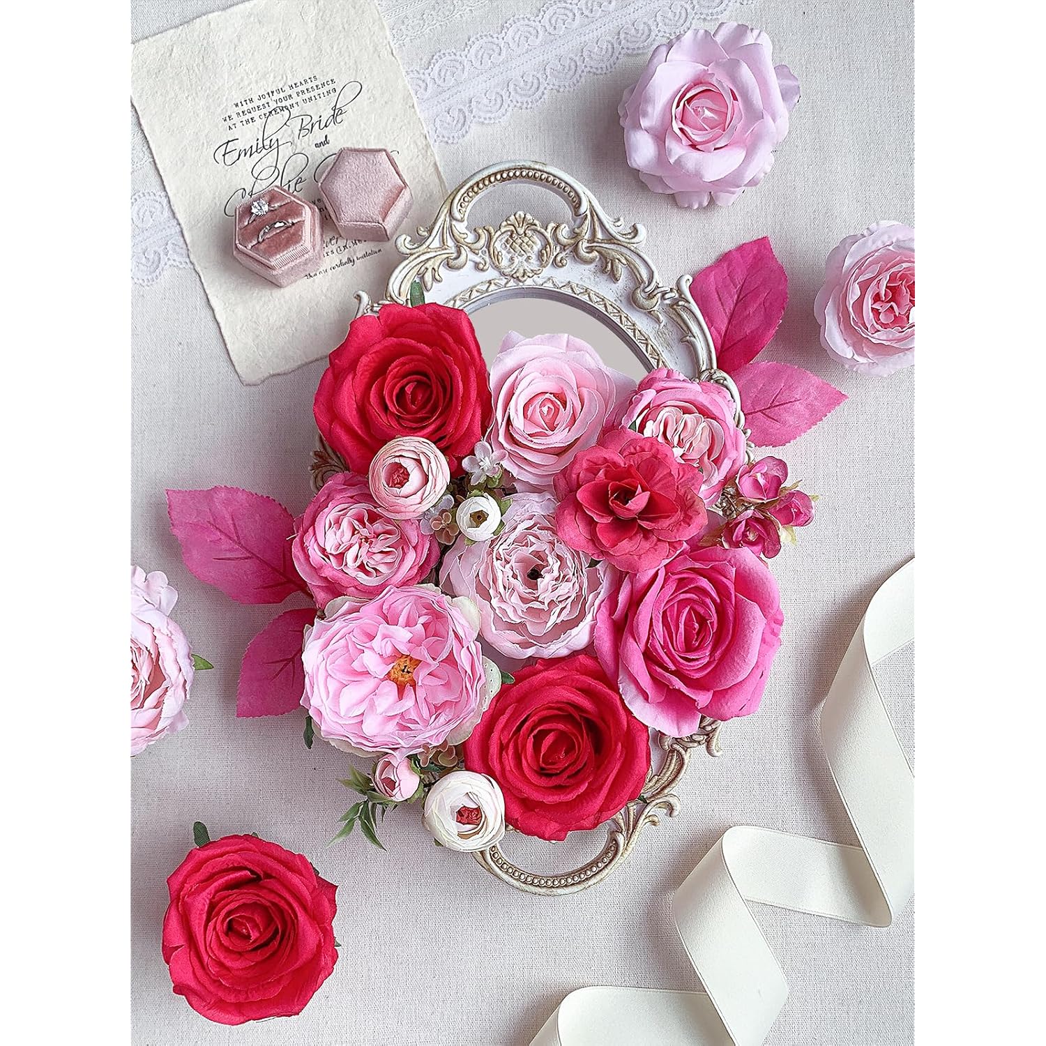 Roses Artificial Flowers Pink Fake Flower Bulk For Diy Wedding Bouquets Bridal Baby Shower Decorations Table Centerpiece Silk Faux Floral Arrangements For Party Home Decor Indoor Fuchsia