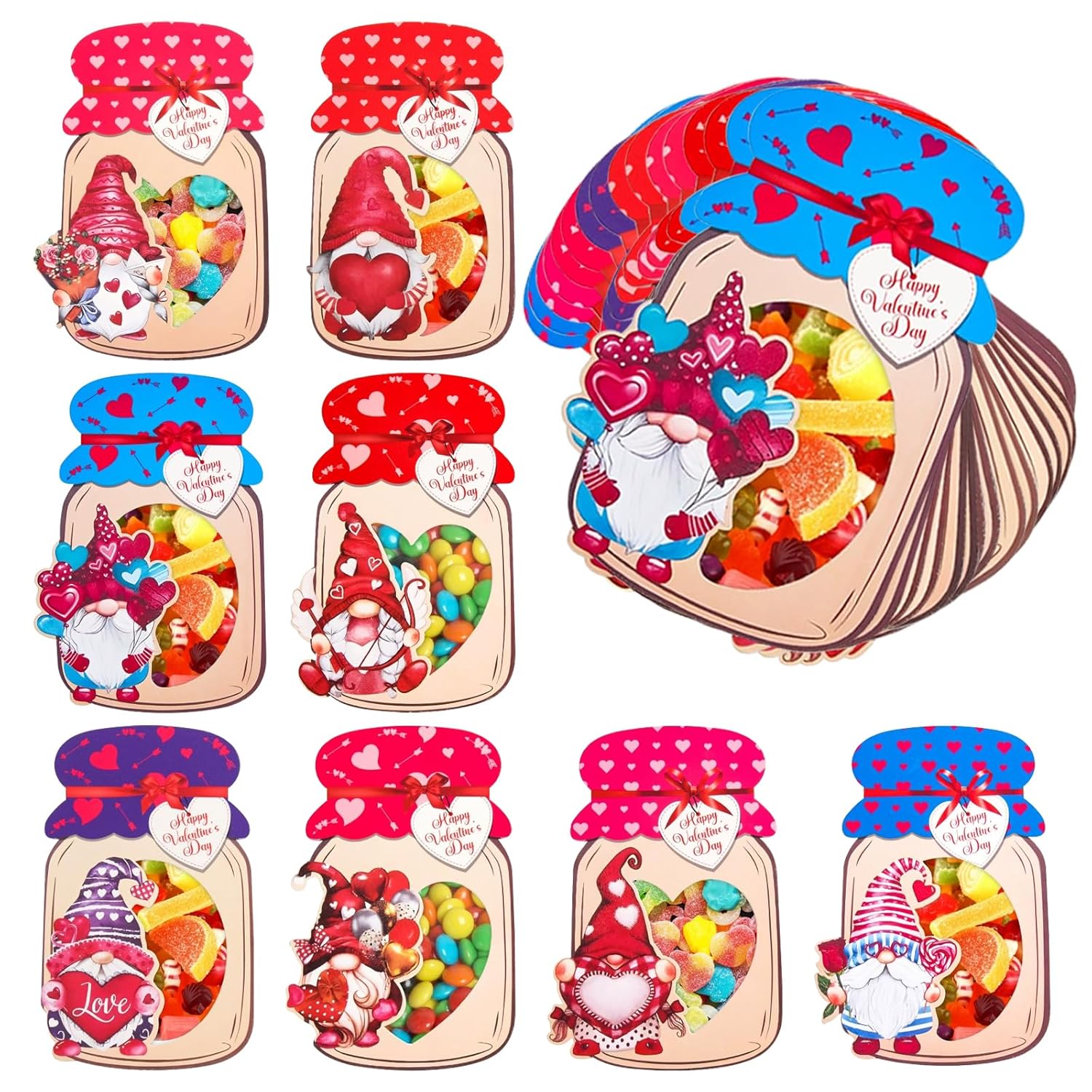 Valentine'S Day Cards For Kids, 48 Pack Happy Valentines Day Gnomes Mason Jar Cards With Treat Bags For Boys Girls Toddler School Class Classroom Exchange Party Favors(Candy Not Included)