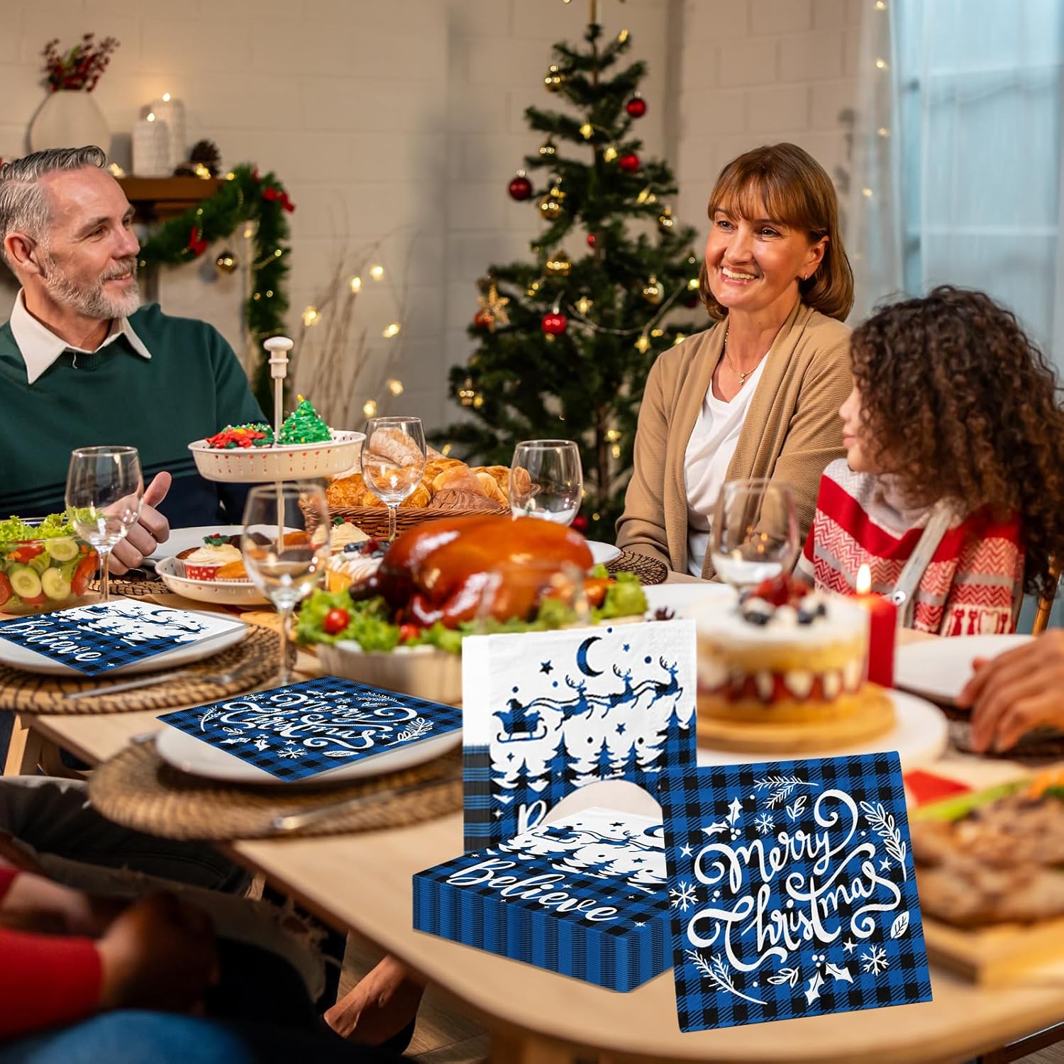 Blue Christmas Napkins, 40Pcs Snowman Christmas Paper Napkins Disposable Christmas Cocktail Napkins Blue Merry Christmas Napkins For Blue And White Christmas Decorations Xmas Winter Holiday