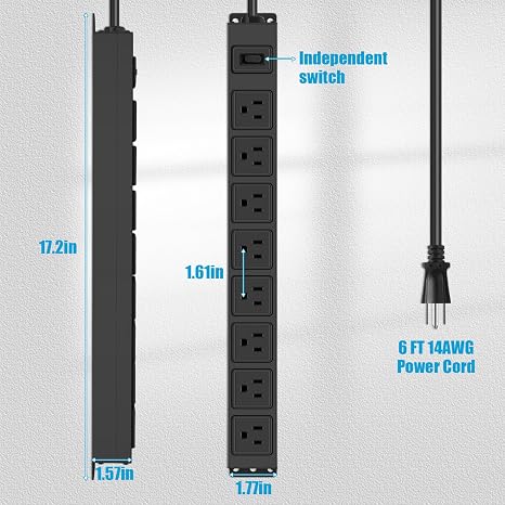 Heavy Duty Metal Surge Protector Power Strip 8 Outlets 14AWG 6FT Extension Cord 1200J Black