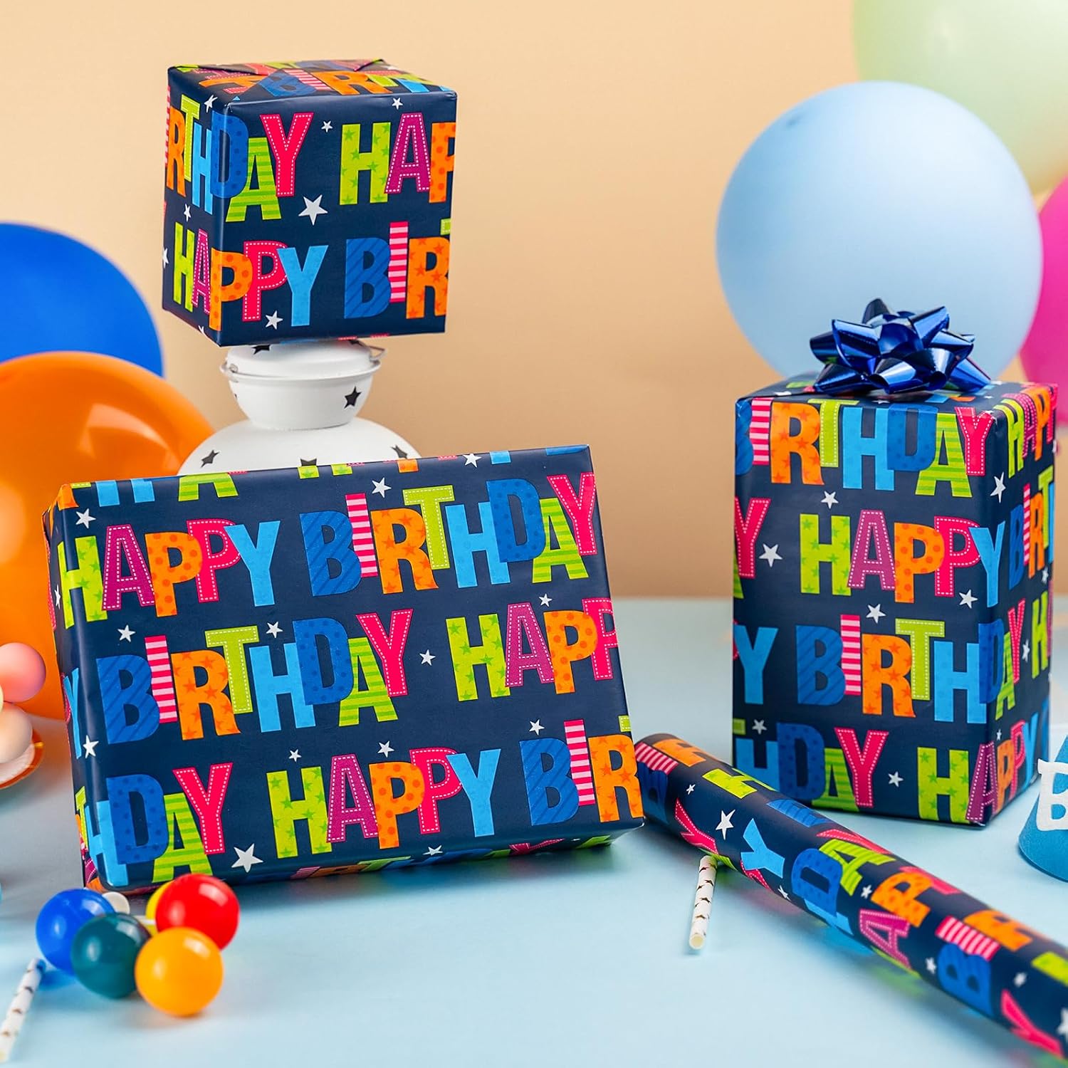 Birthday Wrapping Paper - Mini Roll - 17 Inchx 32.8 Feet - Colorful Happy Lettering On Blue Paper Design Gift Paper Perfect For Boys Girls Birthday,Baby Shower, Party