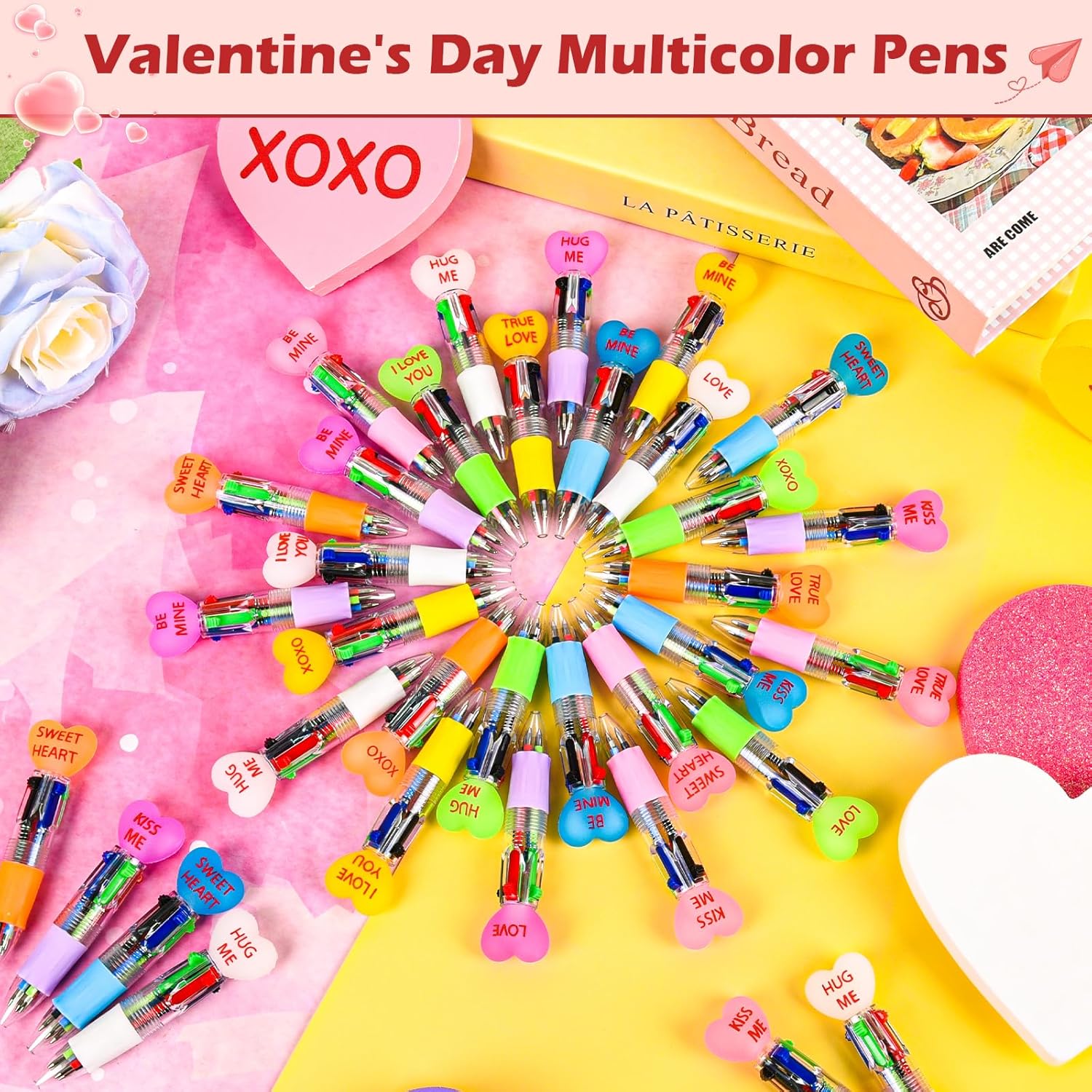 50 Pcs Valentine'S Day Conversation Colorful Multicolor Pen In One Cartoon Cute Fun 4-In-1 Pens Bulk Kawaii Be Mine Kiss Me Love Conversation Lovely Ballpoint Pens For Fun Gifts