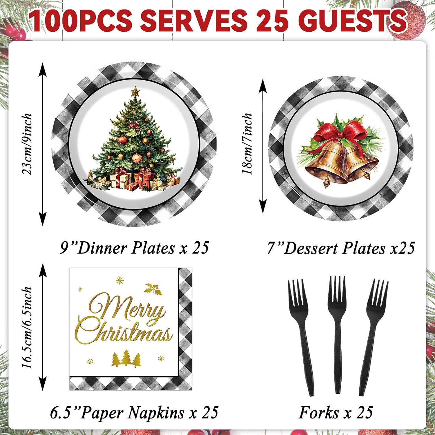 100Pcs Christmas Paper Plates And Napkins Set Black Buffalo Plaid Plates Christmas Party Supplies Xmas Tree Disposable Dinnerware Tableware Set For Holiday Winter Party Decoration Serve 25