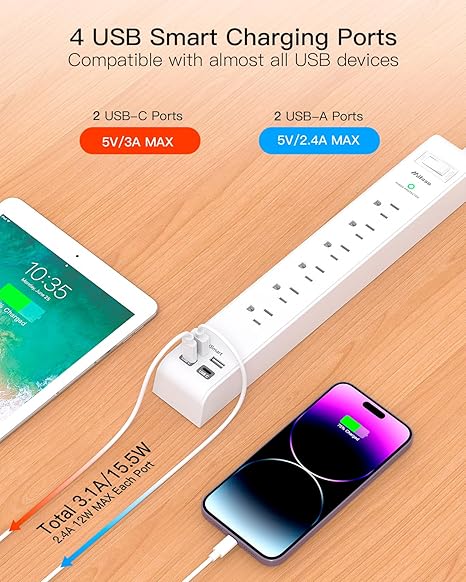 2 Pack Surge Protector Power Strip with 6 Outlets 4 USB Ports 2 USB C 10FT Flat Plug Extension Cord