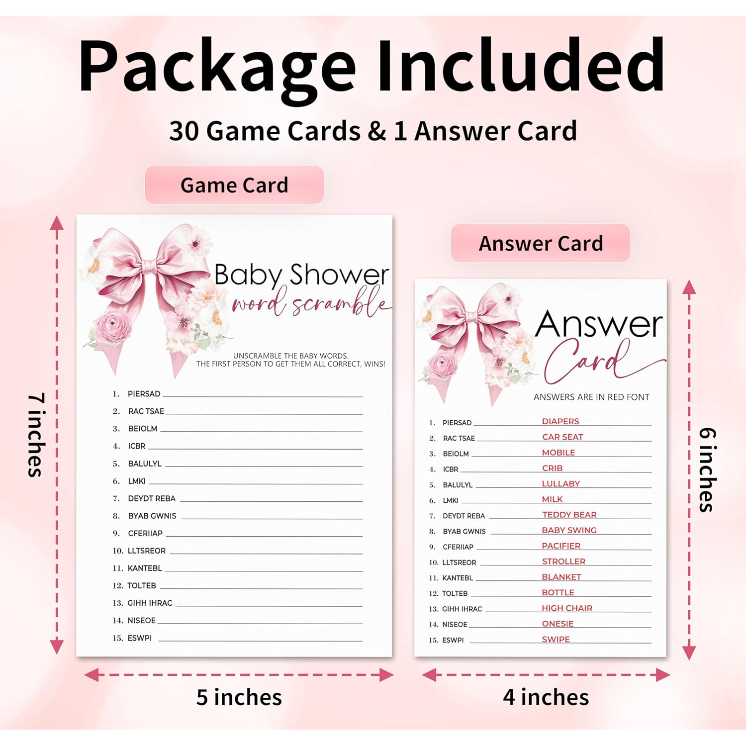 30 Pcs Baby Shower World Scramble Game Cards & 1 Answer Card - Pink Bow Theme Double Sided Baby Shower Games For Girls - Gender Reveal, Announcement Party Decorations & Activities - A11