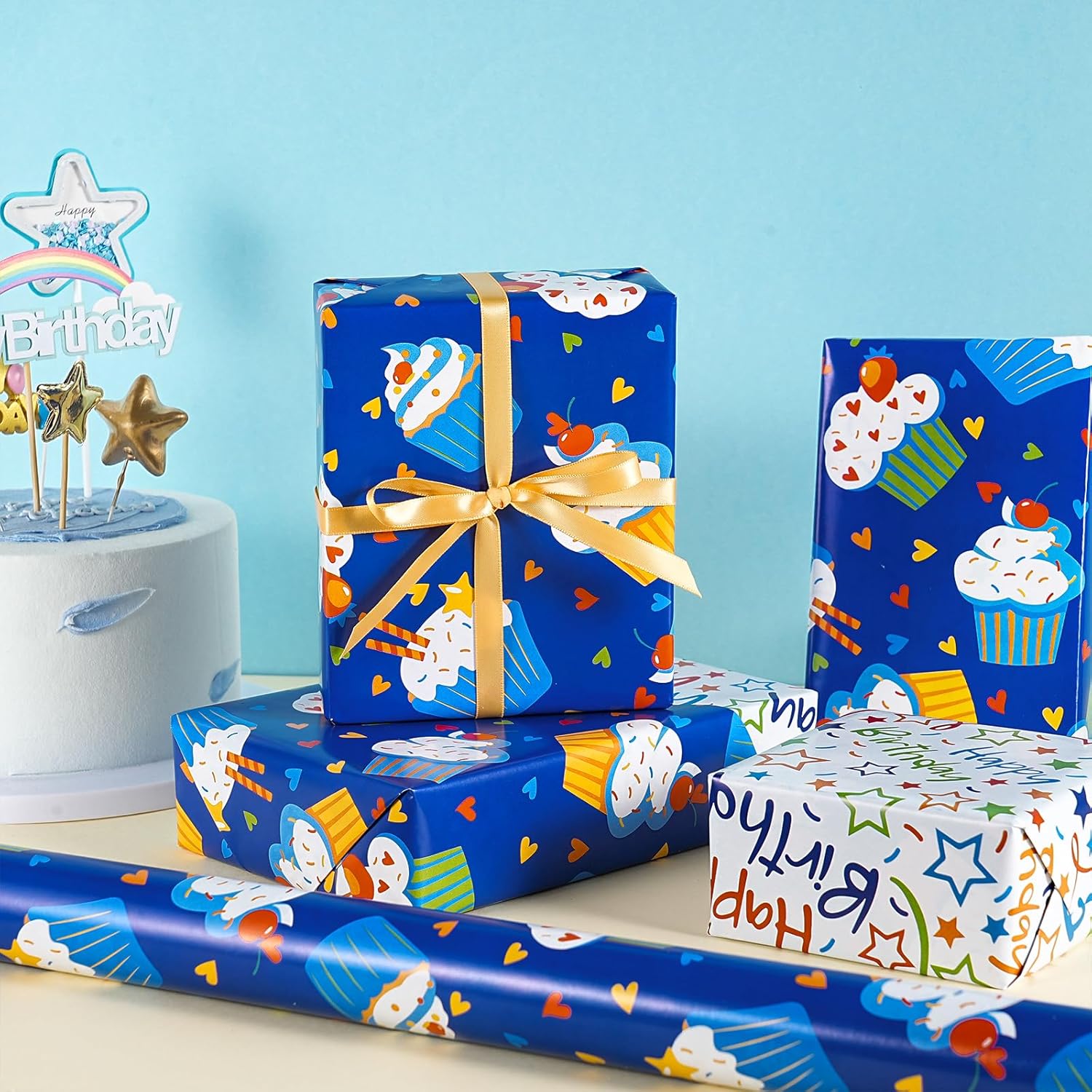 Reversible Birthday Wrapping Paper Roll, Mini Roll, Blue Cupcake Design And Colorful Happy Text With Stars, Colorful Adorable Gift Wrap For Boys Girls Birthday Party, 17 Inches X 16.4 Feet