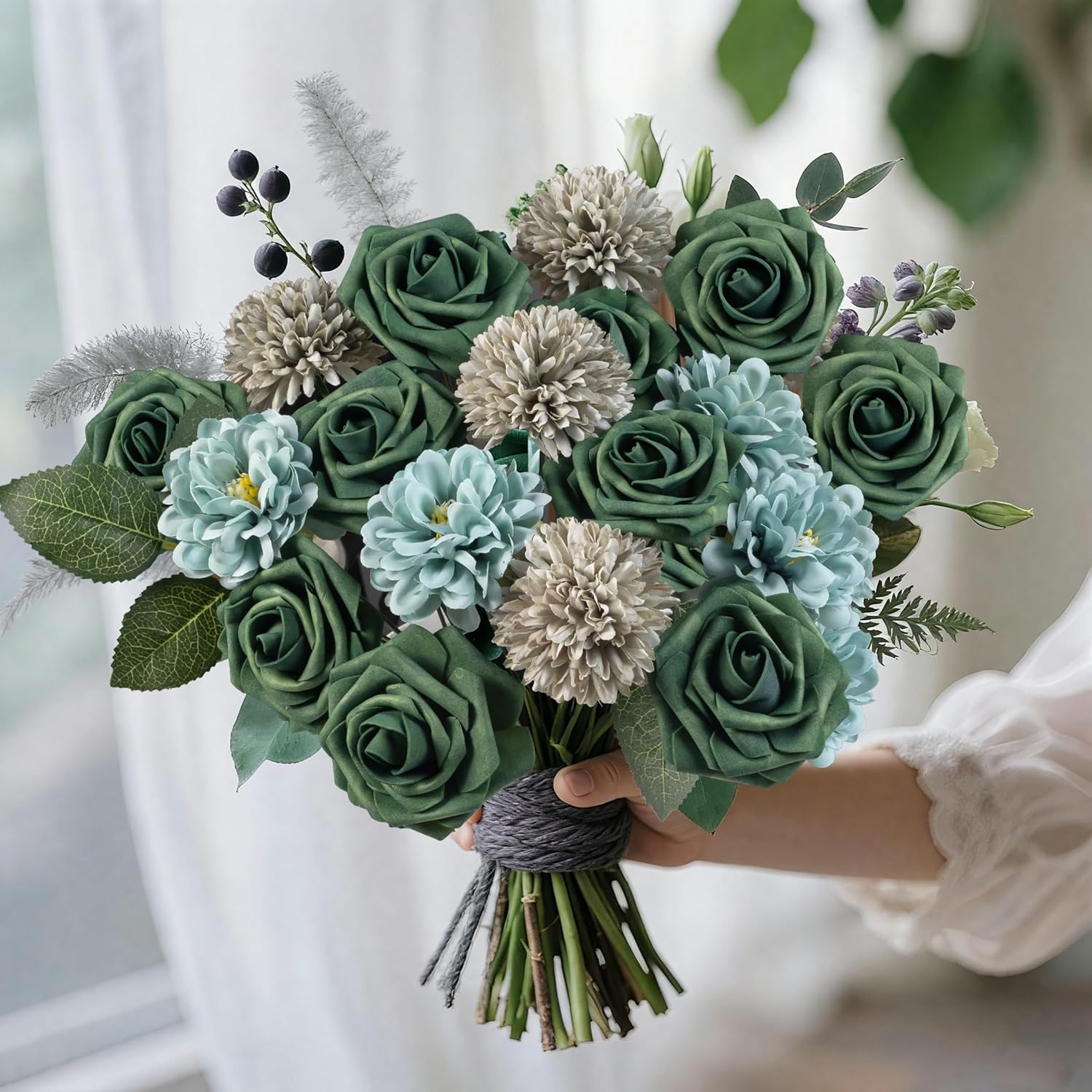 Green Flower Artificial Roses Faux Flowers With Stems Mix Fake Roses Dahlia Chrysanthemum Ball For Wedding Bridal Bouquets, Table Centerpieces, Baby Shower, Party, Home Decorations