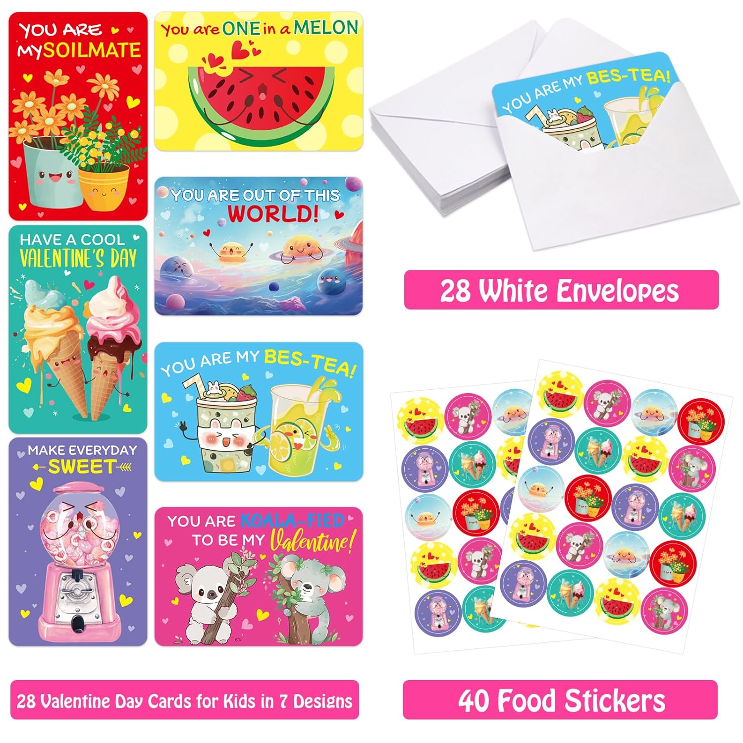 Kids Valentines Day Cards Pun Note Cards With Stickers And Envelopes For Valentine Party Favor School Classroom Activity 28Pcs