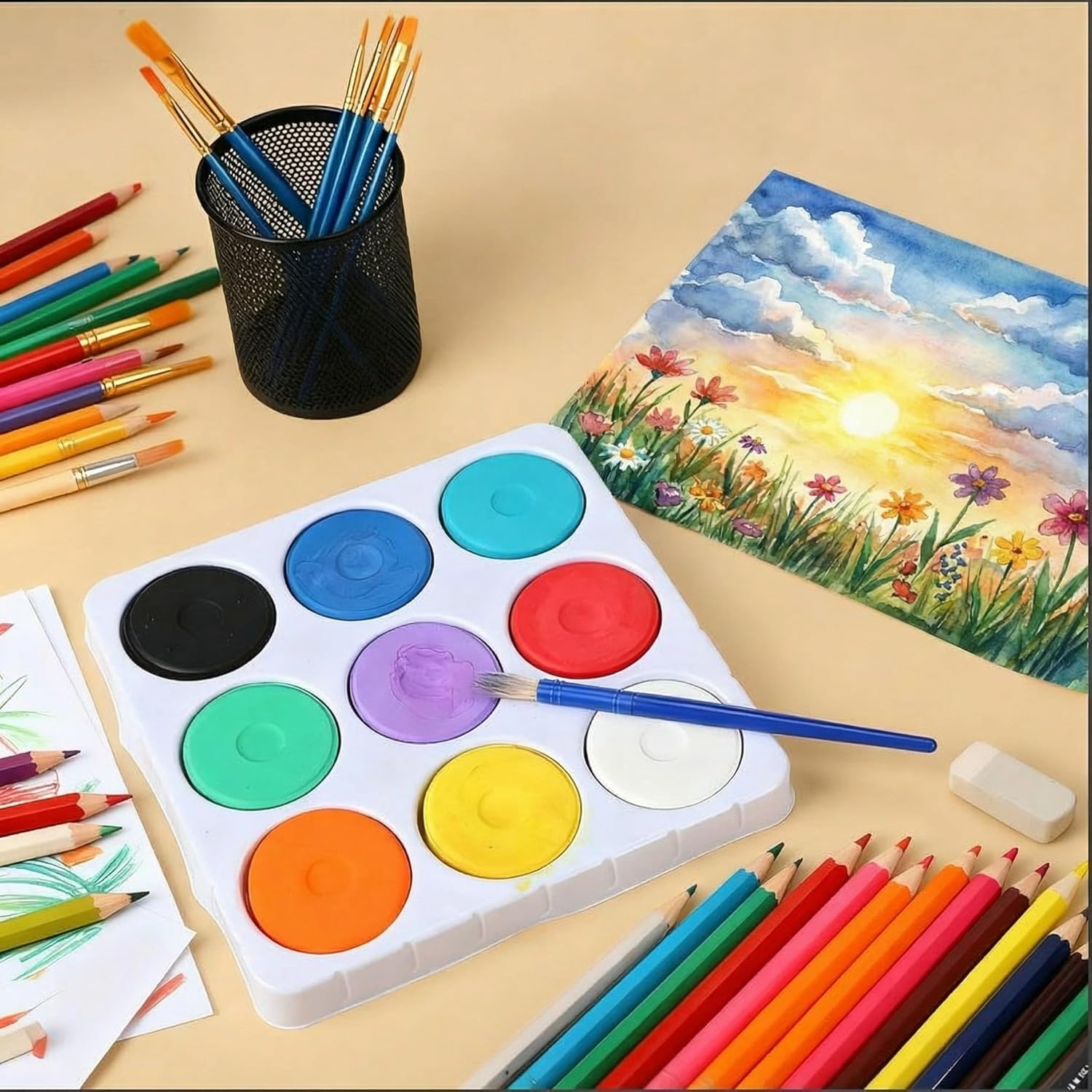 36 Pcs Tempera Paint Cakes With Tray 9 Colors 2.24 X 0.71 Inch Giant Tempera Paint Set Painting Cakes Tray Palette With Paintbrush Paints Blocks Adults Art Supplies Crafts Drawing Artists