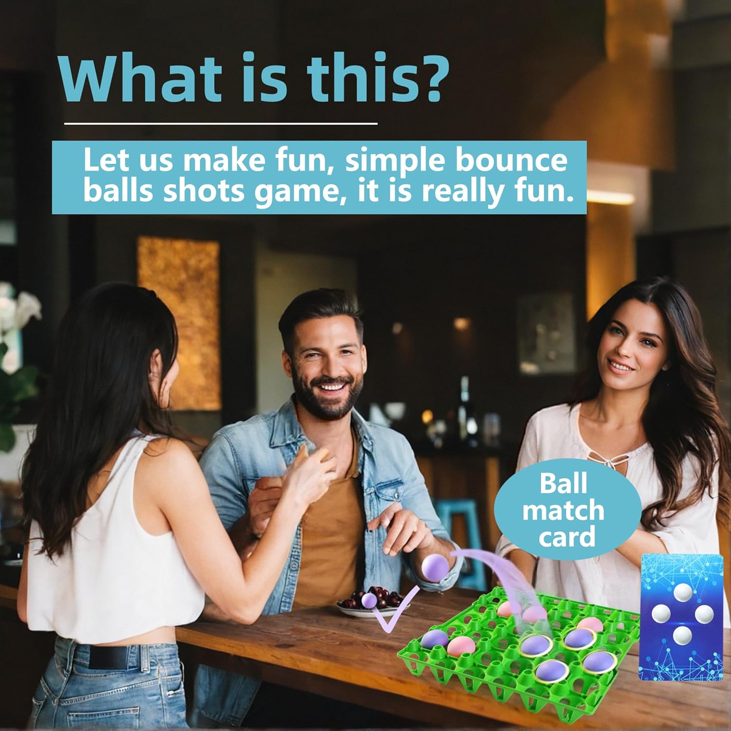 Bounce Ball Fun Party Game - 4 In A Row Games With 60 Balls & Cards - Indoor Outdoor Carnival Party Toys For Kids, Adults, Teens, Families, Game Night. 2-12 Players