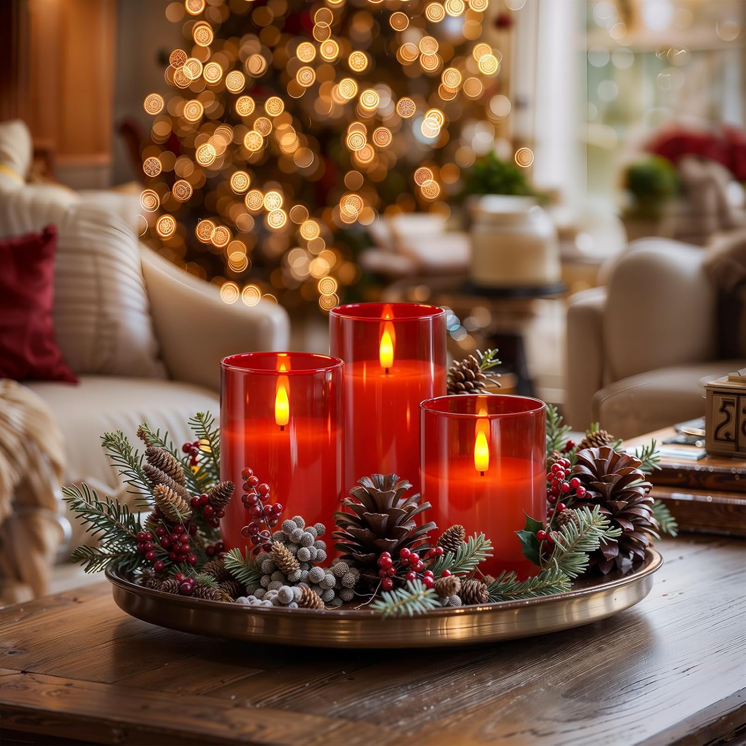 Red Glass Flameless Candles, Battery Operated Led Pillar Candles With Remote Control And Timer, Radiance Candles, Real Wax, Set Of 3,D3 Xh4 5" 6"