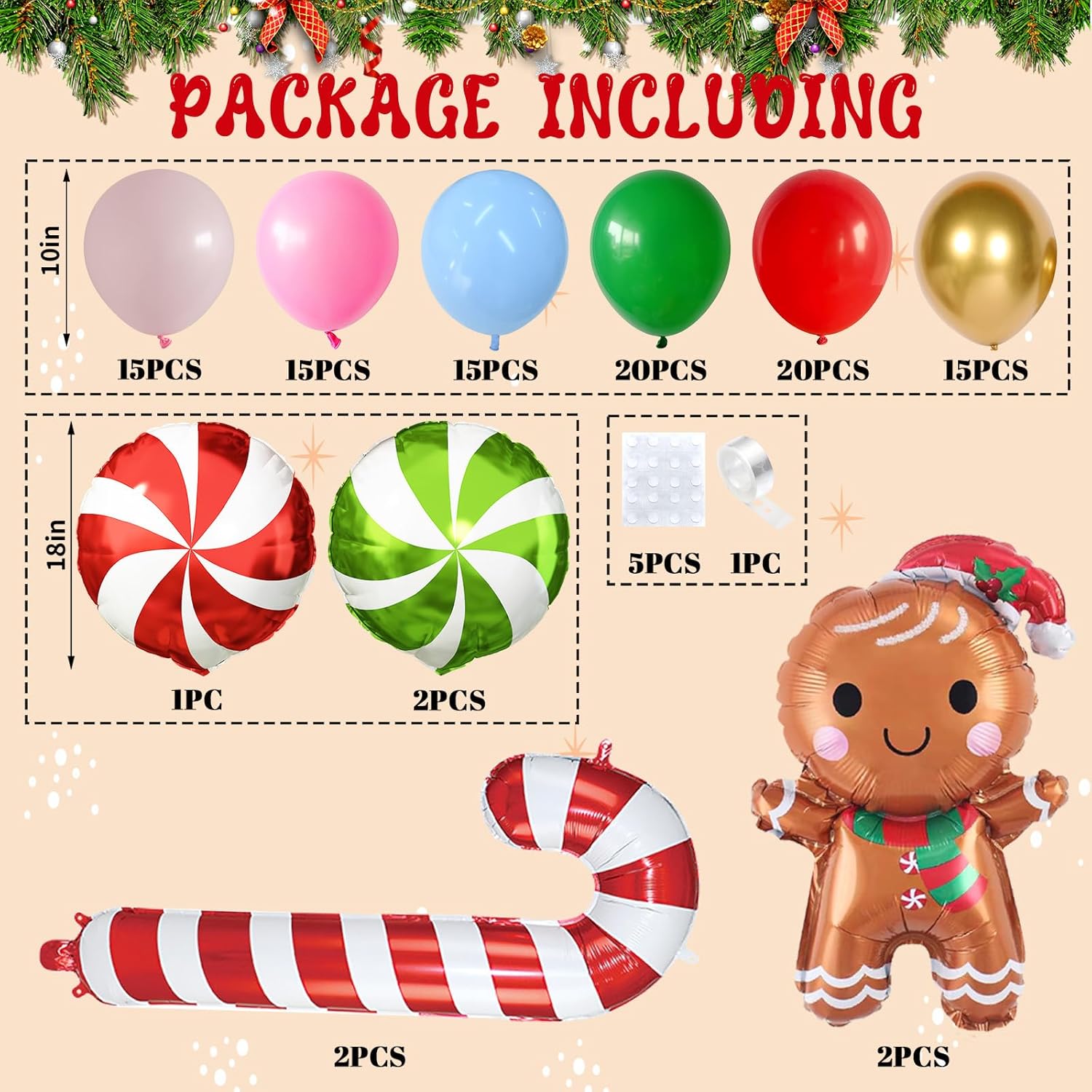 Christmas Balloons Garland Arch Kit 113Pcs Xmas Balloon Arch Pink Blue Red Green Gold With Gingerbread Man Candy Cane Foil Balloons For New Year Gender Reveal Gingerbread House Party Decorations