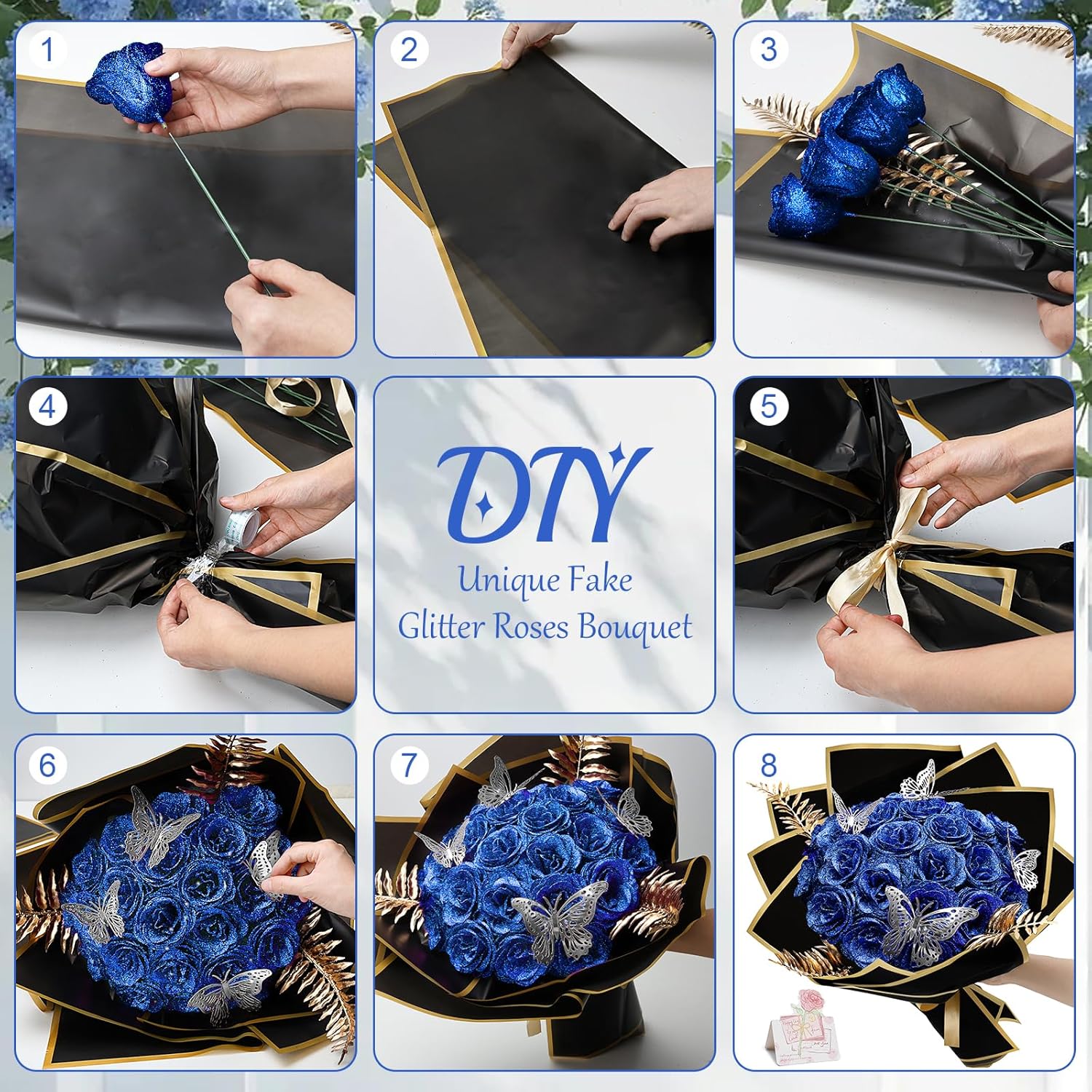 Glitter Roses - Royal Blue Glitter Rose Bouquet Shiny Everlasting Artificial Flowers For Diy Crafts Gifts Birthday Graduation Engagement Valentines Anniversary, 24 Roses