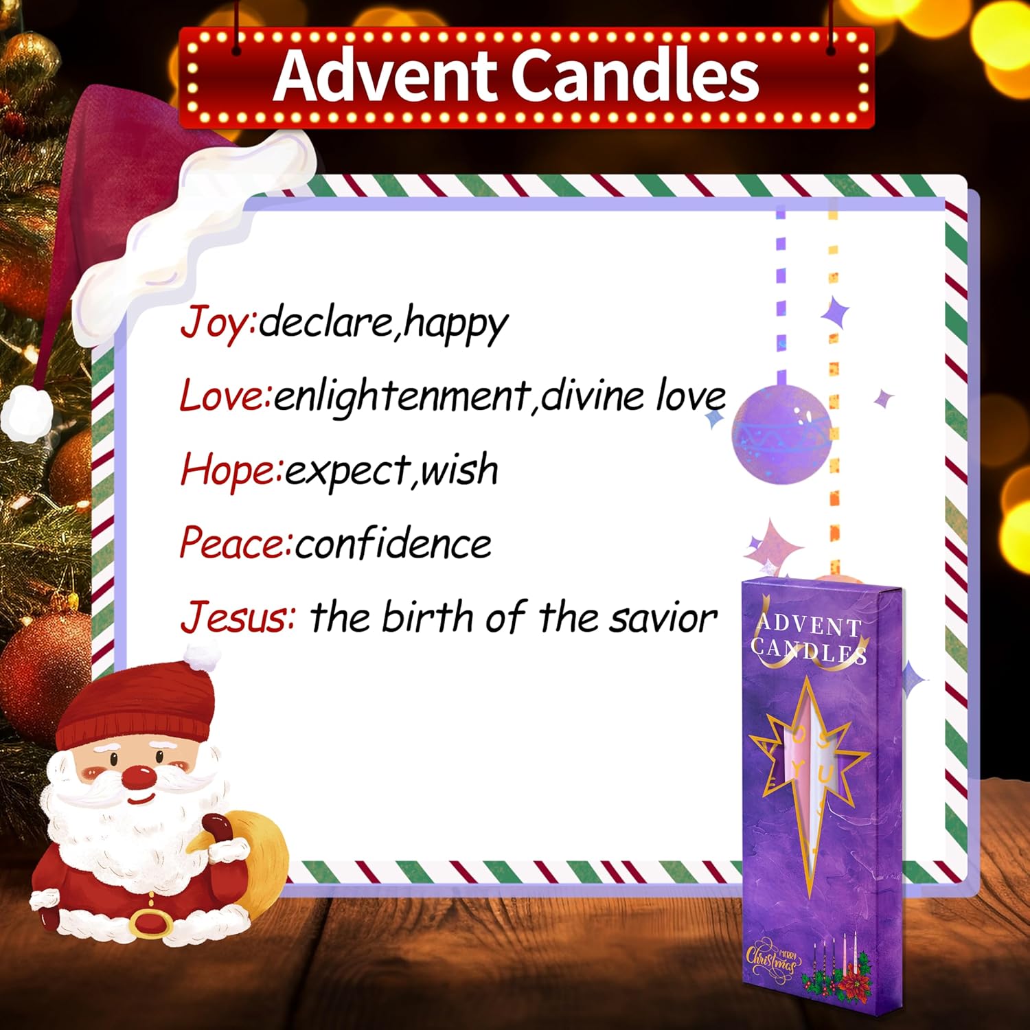 Advent Candles Set Of 5, Unscented Christmas Taper Candle With Letters & Pattern, 10 Inch X 7/8 Inch Dripless Advent Wreath Nativity Candle For Holidays, Church, Devotional, Celebration, Party