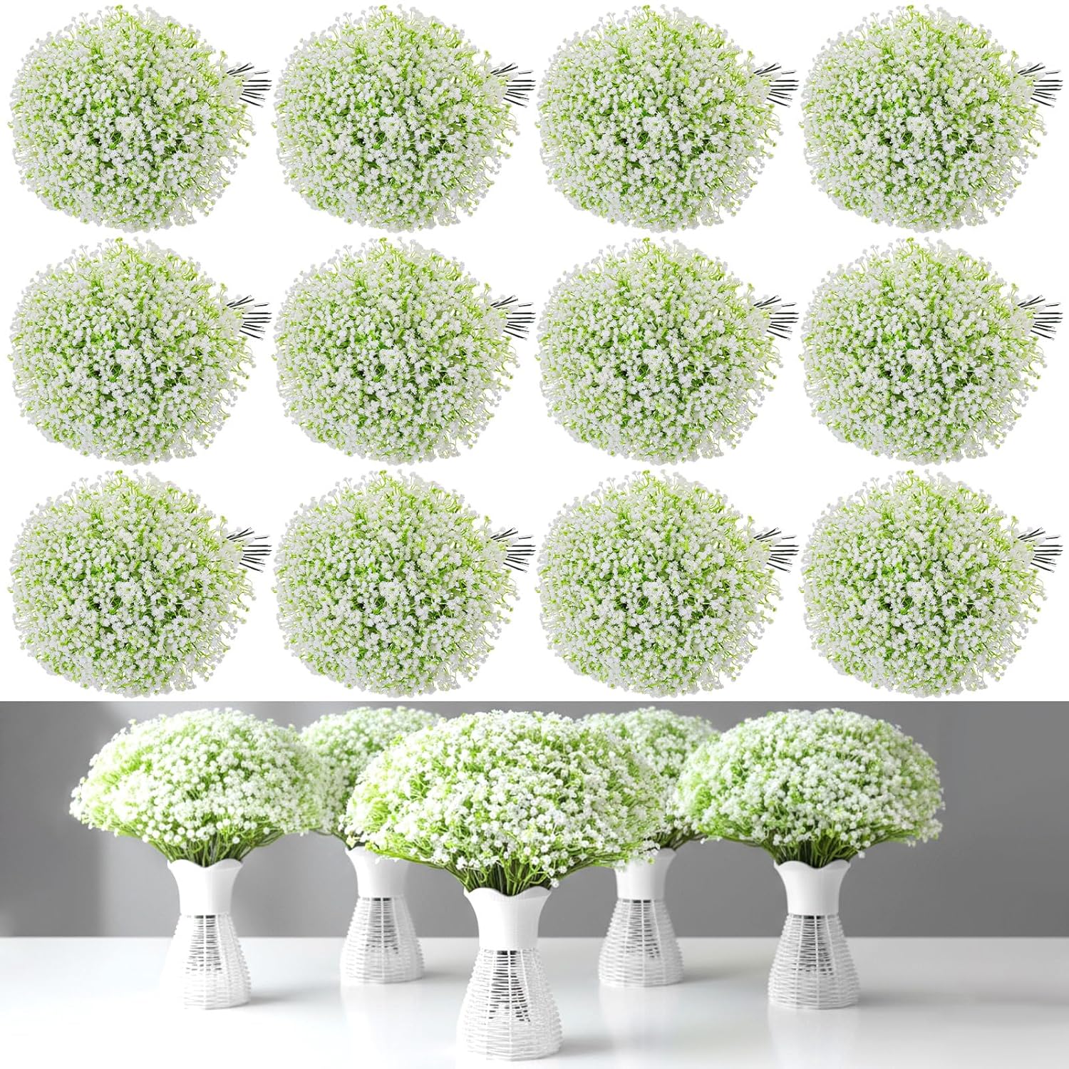 288 Pcs Babys Breath Artificial Flowers With 12 Pcs White Rattan Vase, Gypsophila Artificial Flowers Bulk Flower Vase Basket For Wedding Party Home Garden Table Decoration
