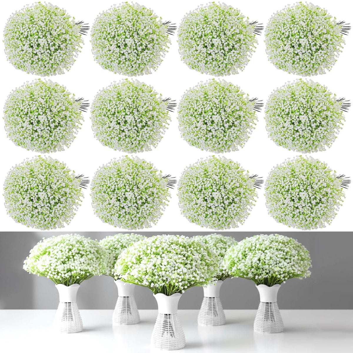 288 Pcs Babys Breath Artificial Flowers With 12 Pcs White Rattan Vase, Gypsophila Artificial Flowers Bulk Flower Vase Basket For Wedding Party Home Garden Table Decoration